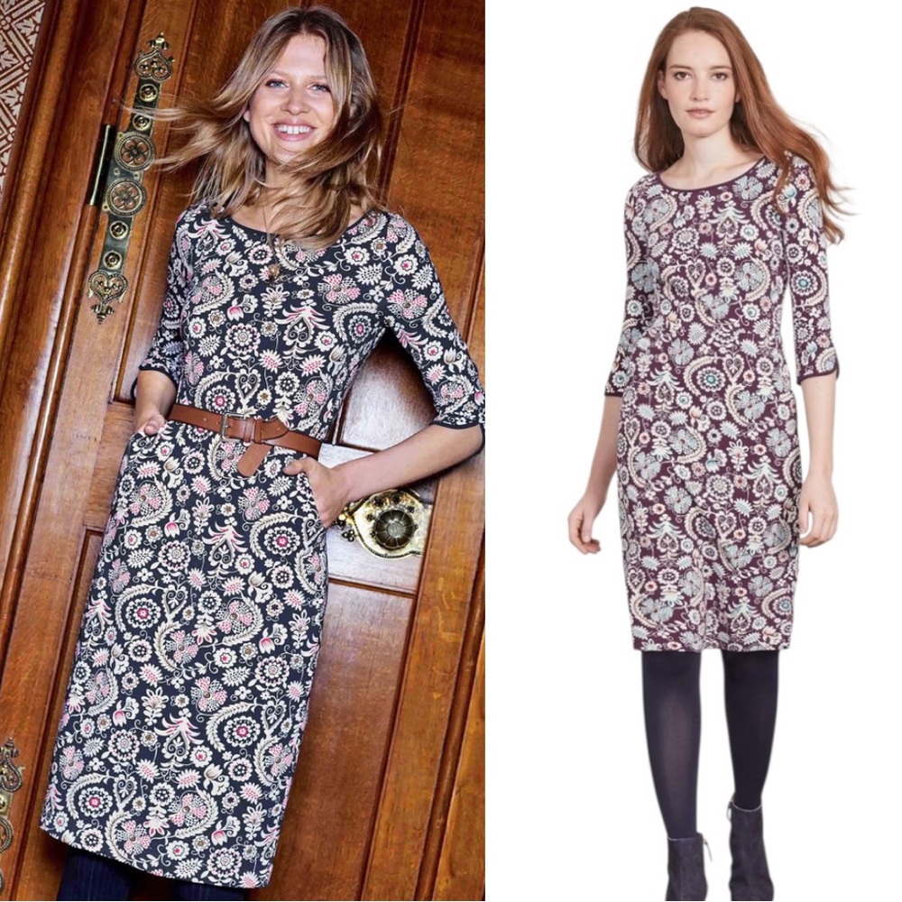 Boden Jessie Navy Blue & Pink Floral Print 3/4 Sleeves Jersey Knit Dress - 4